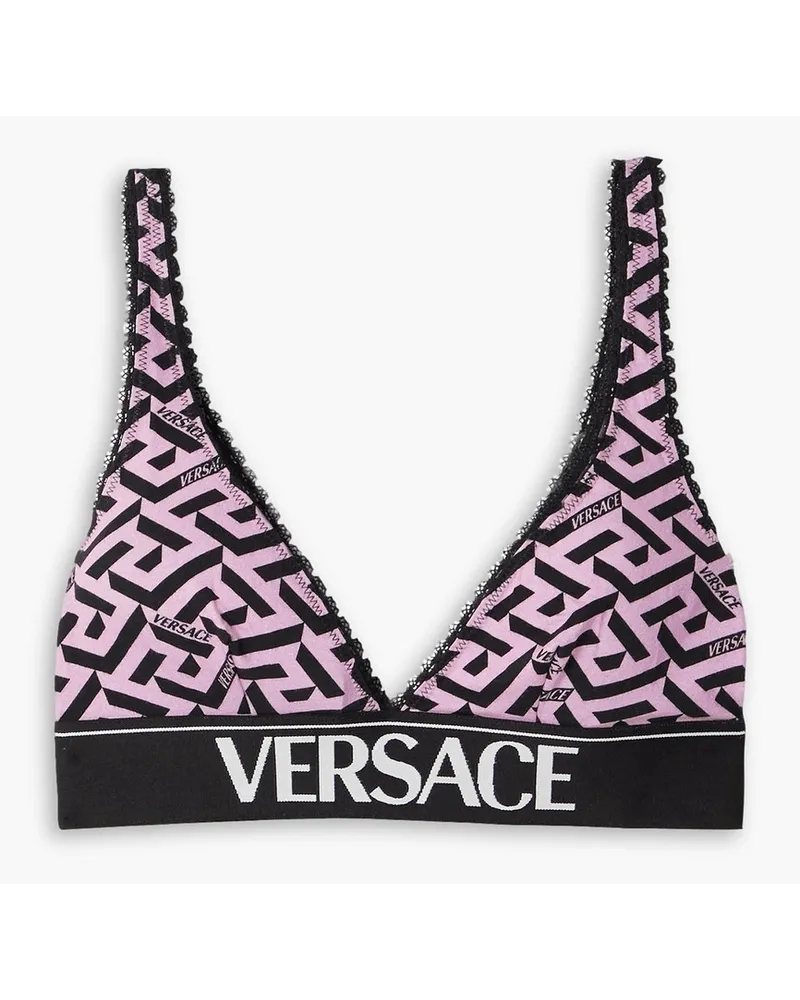 Versace Lace-trimmed printed stretch-cotton jersey soft-cup bra - Pink Pink