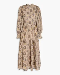 Antik Batik Animal shirred printed crepe de chine midi dress - Neutral Neutral