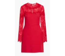Lace-paneled wool and silk-blend crepe mini dress - Red