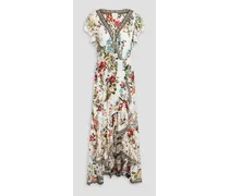Embellished floral-print silk crepe de chine maxi wrap dress - White