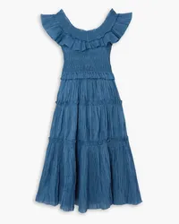 Sea Micah ruffled shirred ramie midi dress - Blue Blue