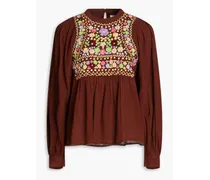 Line embroidered gathered cotton blouse - Brown
