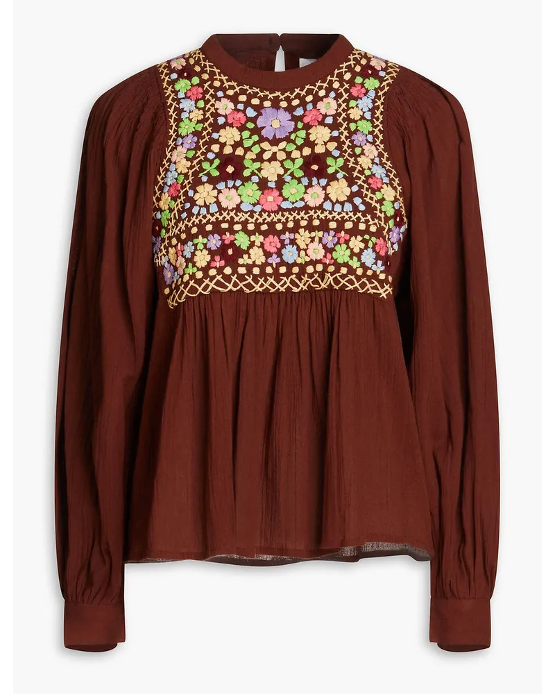 Antik Batik Line embroidered gathered cotton blouse - Brown Brown