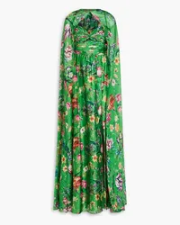 Marchesa Cape-effect floral-print charmeuse gown - Green Green