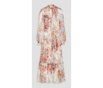 Ruffled floral-print silk-crepon midi dress - White