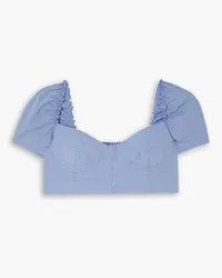 Emporio Sirenuse Kalitha cropped shirred ruffled cotton-poplin top - Blue Blue