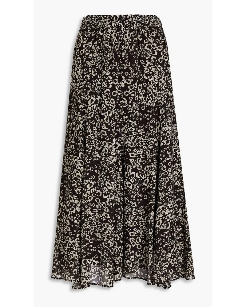 Gathered leopard-print georgette midi skirt - Black