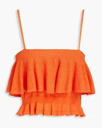 Solid and Striped Cropped ruffled crochet-knit top - Orange Orange