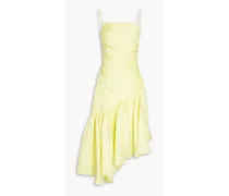 Asymmetric pleated linen-blend midi dress - Yellow