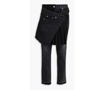 Layered wool-crepe paneled faded slim-leg jeans - Black