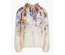 Embellished floral-print silk-crepon blouse - Purple