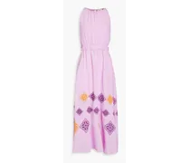 Embroidered linen-gauze midi dress - Purple