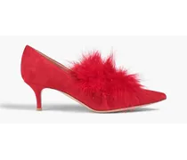 Feather-embellished suede pumps - Red