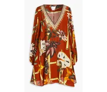 Embellished printed silk crepe de chine mini dress - Brown