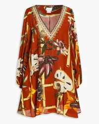 Camilla Embellished printed silk crepe de chine mini dress - Brown Brown