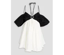 Cold-shoulder embellished two-tone linen-blend mini dress - White