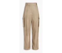 Pleated metallic linen-blend tapered pants - Neutral