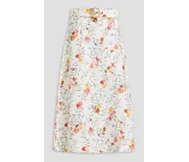 Belted floral-print linen midi skirt - White
