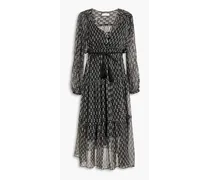 Angela belted printed silk-voile midi dress - Black