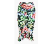 Ruched floral-print stretch-jersey midi skirt - Green