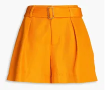 Belted cotton and linen-blend twill shorts - Orange