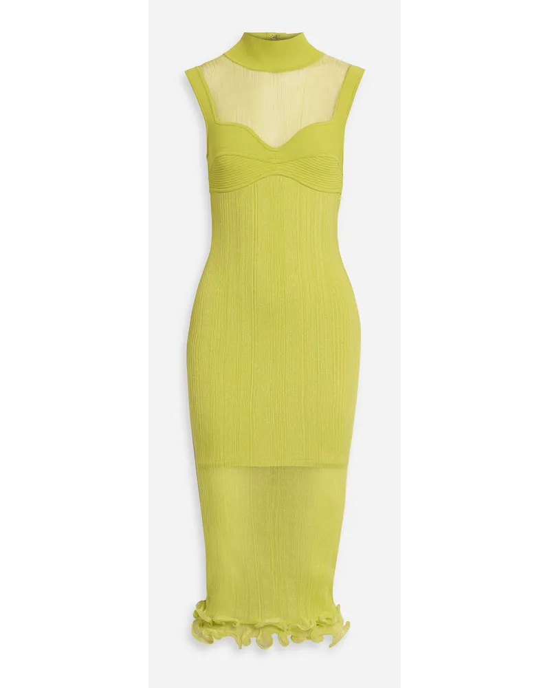 Hervé Léger Layered ribbed tulle and stretch-knit midi dress - Yellow Yellow