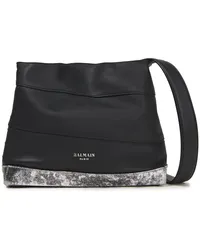 Balmain Polygon Trapeze metallic cracked leather-paneled leather shoulder bag - Black Black