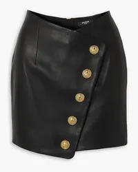 Balmain Asymmetric button-embellished leather mini wrap skirt - Black Black