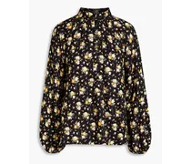 Gathered floral-print twill blouse - Black