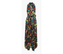 Alice Olivia - Mertie pleated floral-print satin maxi dress - Black
