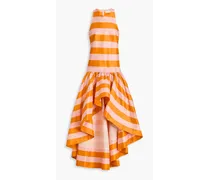 Asymmetric striped silk-shantung dress - Orange
