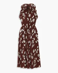 HALPERN Floral-print plissé-georgette midi dress - Brown Brown