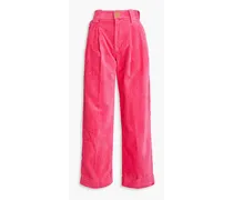 Pleated organic cotton-blend corduroy straight-leg pants - Pink