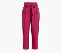 Kira belted pleated cotton-poplin tapered pants - Pink