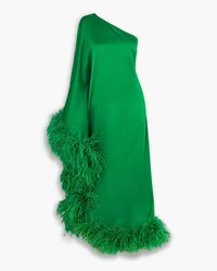 Taller Marmo Ubud one-shoulder feather-trimmed satin-crepe maxi dress - Green Green