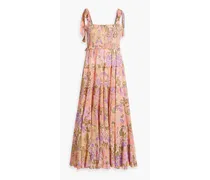 Shirred printed cotton and silk-blend crepon midi dress - Purple