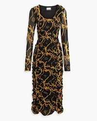 Ganni Ruched printed stretch-mesh midi dress - Yellow Yellow