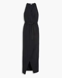 Brunello Cucinelli Wrap-effect embellished pinstriped wool-blend crepe maxi dress - Blue Blue