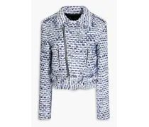 Cropped cotton-blend bouclé-tweed biker jacket - Blue