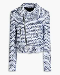 Oscar de la Renta Cropped cotton-blend bouclé-tweed biker jacket - Blue Blue