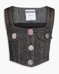 Moschino Cropped crystal-embellished crinkled denim top - Blue Blue