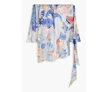Off-the-shoulder gathered printed silk-chiffon top - Blue