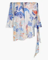 LEO LIN Off-the-shoulder gathered printed silk-chiffon top - Blue Blue