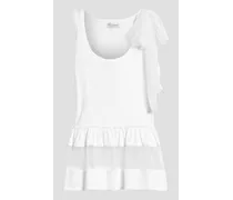 Bow-embellished point d'esprit-paneled ribbed-jersey top - White