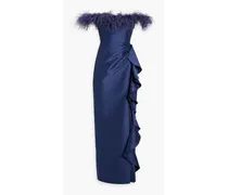Off-the-shoulder feather-trimmed ruffled faille gown - Blue