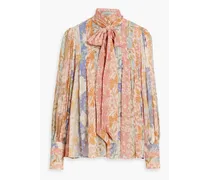 Pussy-bow pleated floral-print chiffon blouse - Pink