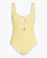 Marysia Palm Springs reversible lace-up scalloped seersucker swimsuit - Yellow Yellow