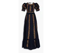 Metallic embroidered gathered linen maxi dress - Blue