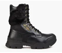 Faux fur-trimmed faux-leather combat boots - Black
