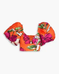 Aje. Marcel cropped embellished floral-print cotton-poplin top - Orange Orange